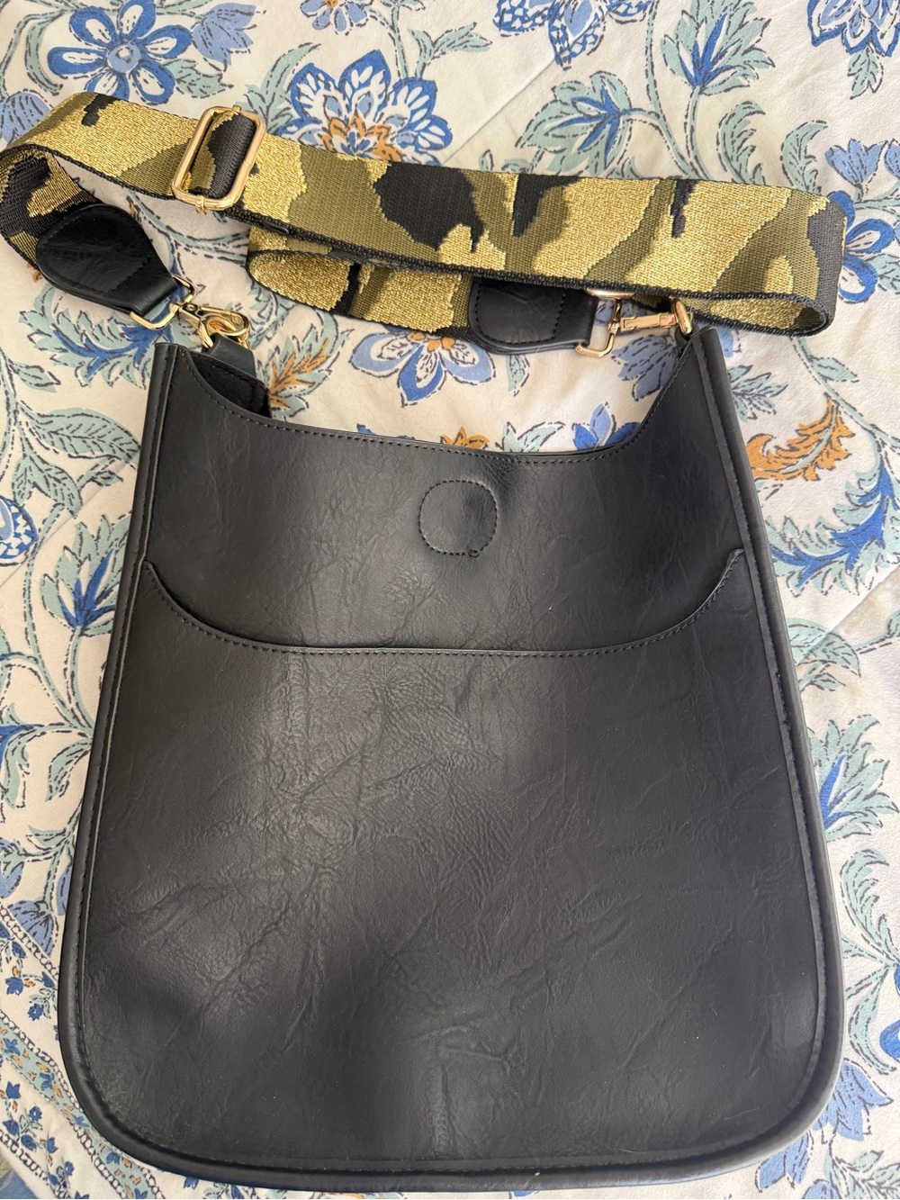Black faux Leather Crossbody Bag with Olive Camouflage Strap